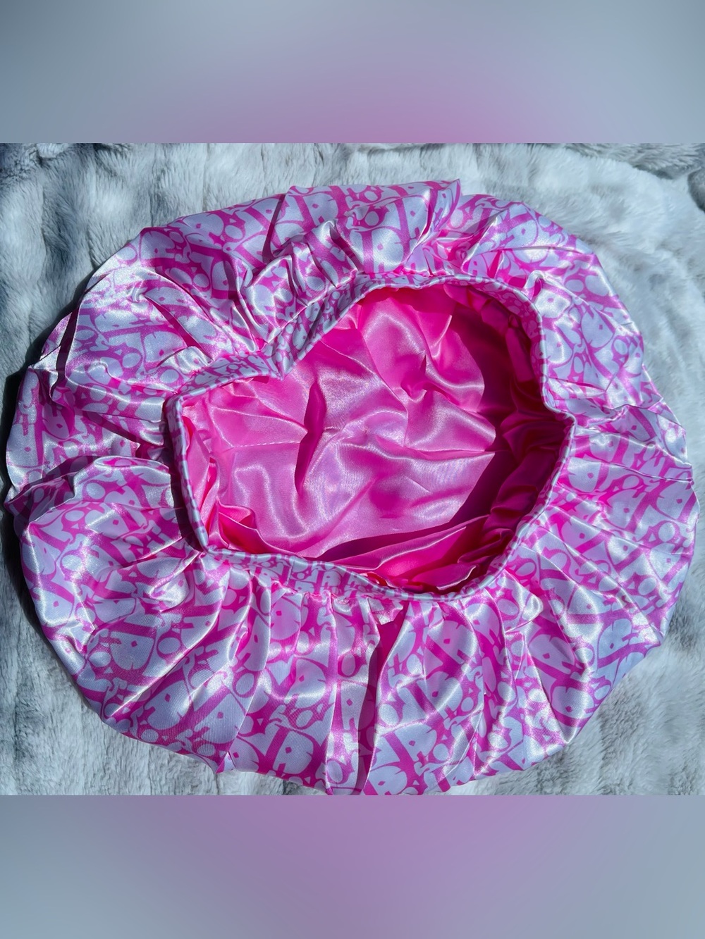 Pink Satin Shower Cap with Heart Pattern - Women’s Protective Hair Bonnet